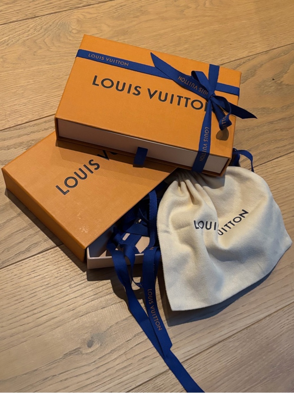 Louis Vuitton Orange Boxes with Blue Ribbon and Beige Dust Bag